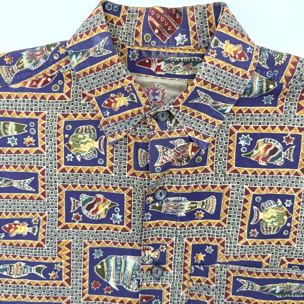 The Territory Ahead Button Up Mens M Multicolor Fish Novelty Print Short Sleeve